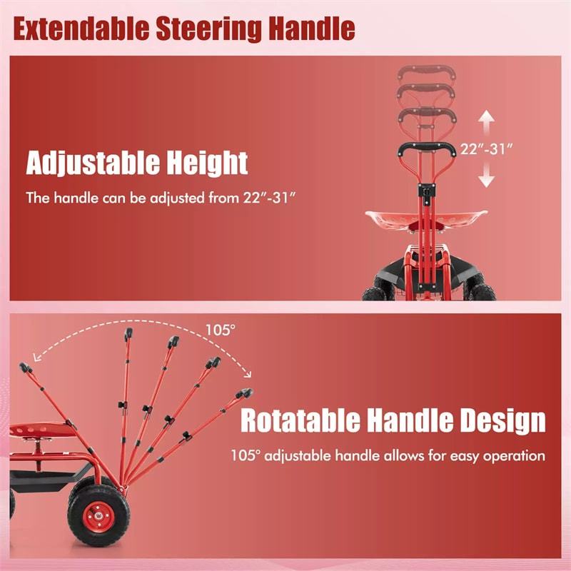 Heavy Duty Rolling Garden Cart with 360° Swivel Seat, Extendable Handle, Tool Tray & Storage Basket, 4-Wheel Gardening Workseat for Patio Yard