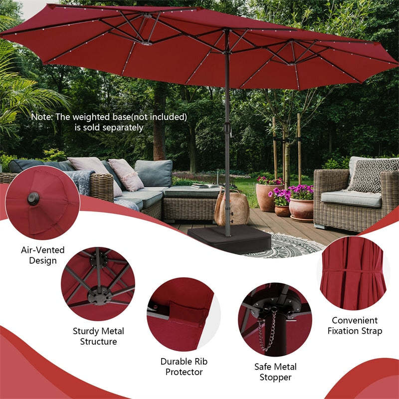 15FT Double-Sided Patio Umbrella with 48 Solar LED Lights & Crank Handle, Extra Large Outdoor Market Umbrella for Poolside, Deck, Backyard