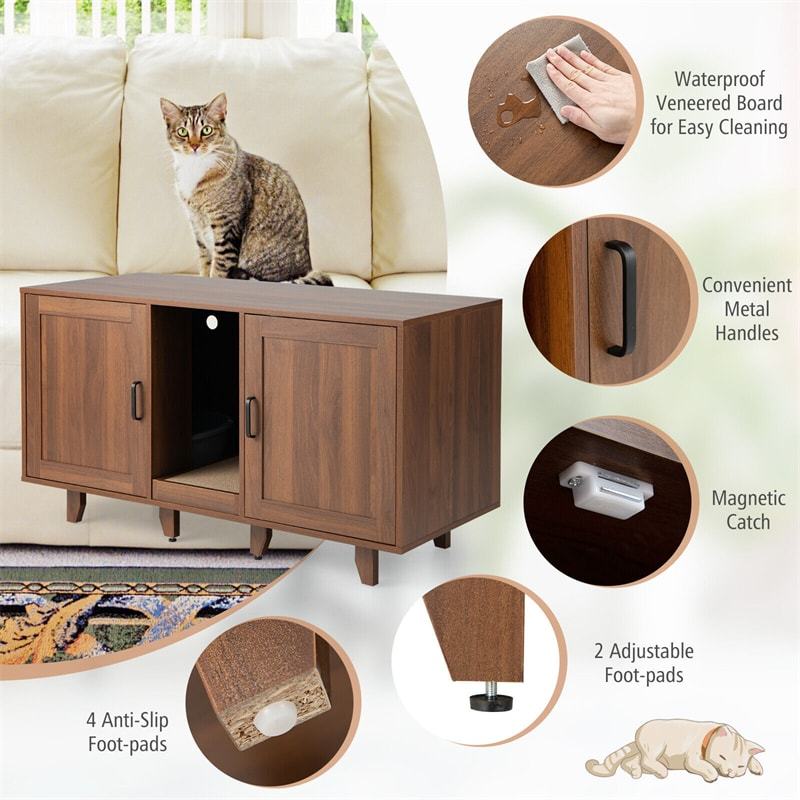 Double Cat Litter Box Enclosure, Large Hidden Cat Washroom Furniture with 2 Cabinets & Scratching Board, Cat House TV Stand Side Table