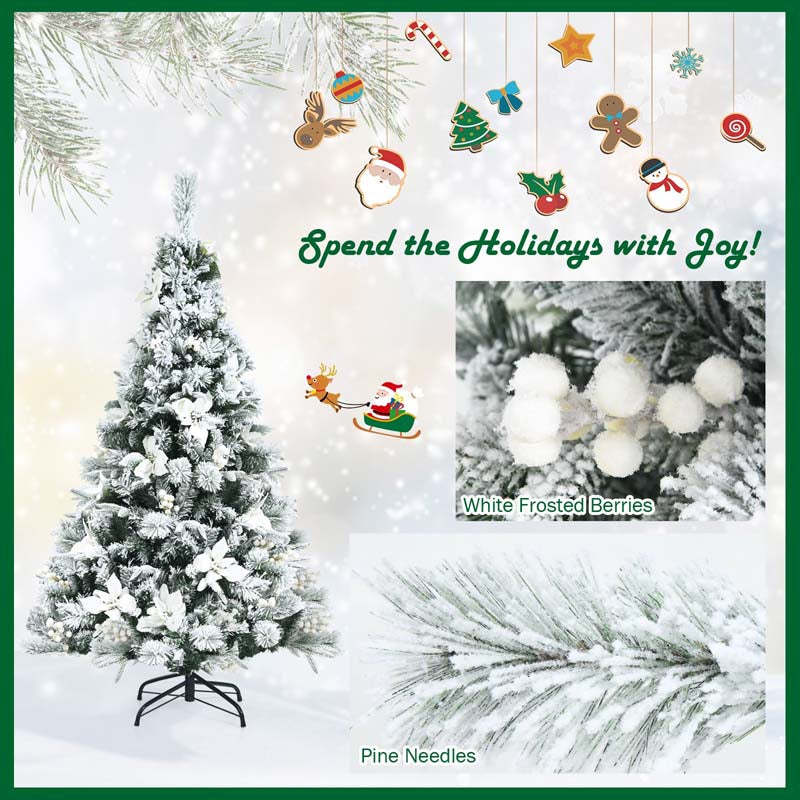 5FT Snow Flocked Hinged Christmas Tree with Berries and Poinsettia Flowers