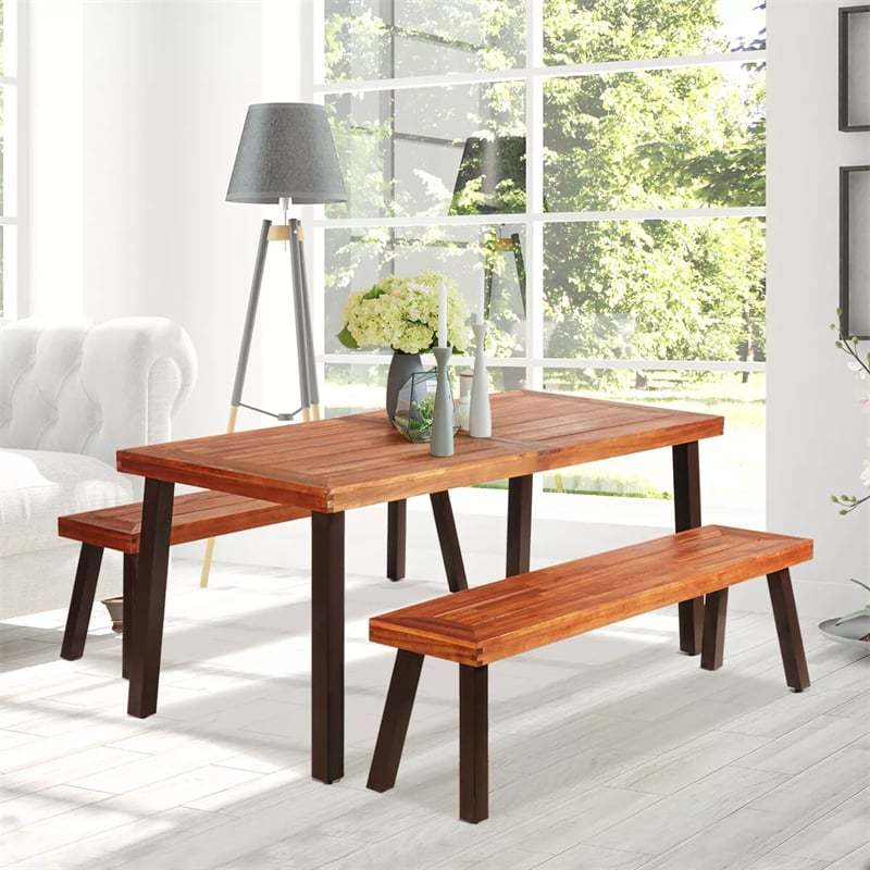 3 Piece Acacia Wood Dining Table Set, Outdoor Picnic Table with 2 Benches, Umbrella Hole & Steel Legs for Patio, Garden Backyard & Indoor Use