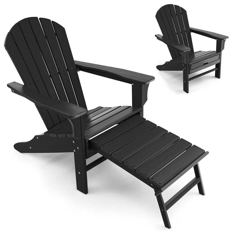 Outdoor HDPE Adirondack Chair, Weather Resistant Fire Pit Chair with Retractable Ottoman & 330 LBS Capacity for Patio, Backyard, Poolside