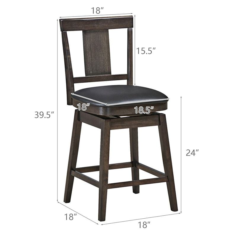 360° Swivel Wood Bar Stool, 24" Counter Height Dining Chair with Back, Leather Padded Seat & Rubber Wood Legs, Upholstered Barstool for Kitchen Island