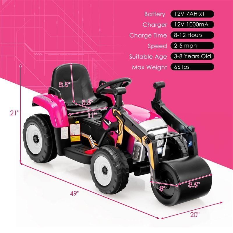 Kids Ride On Road Roller Car 12V Battery Electric Tractor with Remote Control & Adjustable Drum Roller, Ride On Construction Vehicle for Kids