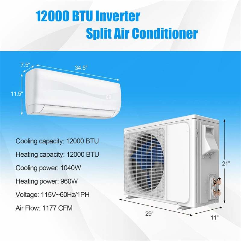 12000 BTU Ductless Mini Split Air Conditioner & Heater, 20 SEER2 115V Wall-Mounted Inverter AC Unit with Heat Pump & Installation Kit Cools 750 Sq. Ft