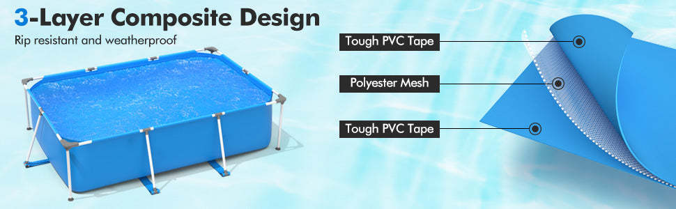Rectangular Above Ground Frame Swimming Pool with Pool Cover for Patio Backyard Garden
