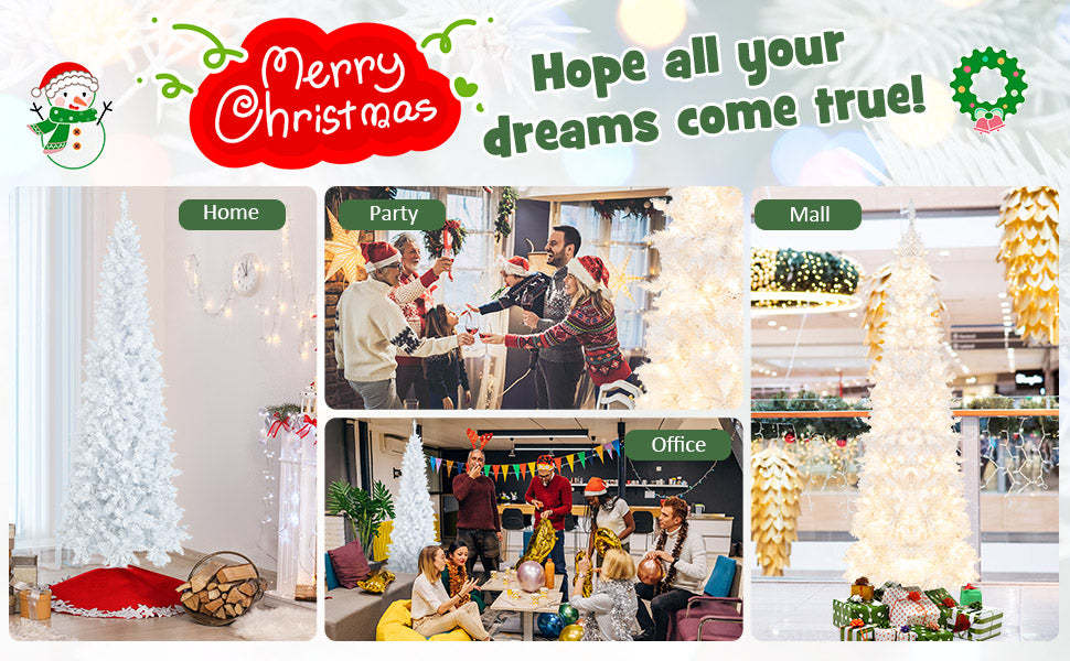 7ft White Pre-Lit Pencil Christmas Tree Hinged Slim Artificial Tree with 800 Branch Tips 300 Lights 8 Lighting Modes