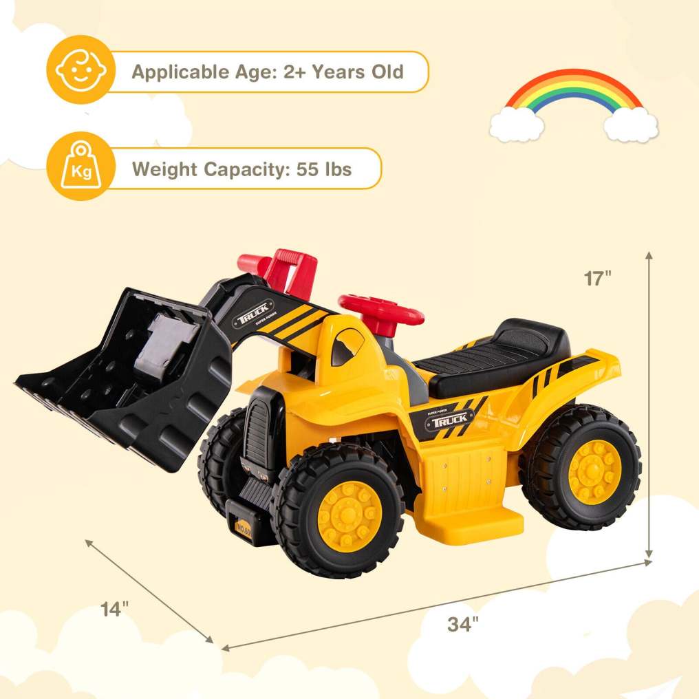 6V Electric Kids Ride On Bulldozer Excavator Construction Vehicle Outdoor Digger Scoop Pull Cart with Adjustable Loader Bucket & Underneath Storage