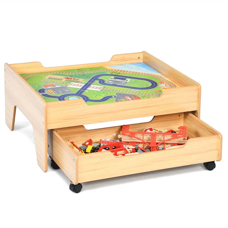 Wooden Kids Train Table with 100 Multicolor Pieces, Tracks & Storage Drawer, Activity Play Table Toddler Toy Train Table, Gift for Boys Girls