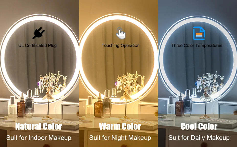 Bedroom Makeup Vanity Table Stool Set with 4 Drawers & 3-Color Touch Screen Dimming Mirror