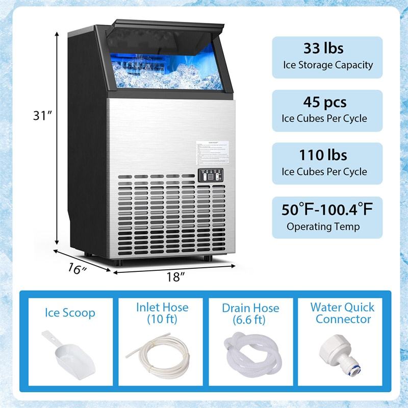 110LBS/24H Stainless Steel Commercial Ice Maker, Freestanding & Built-In Self-Cleaning Ice Machine with Scoop & Drain Hoses for Restaurant, Bar, Home