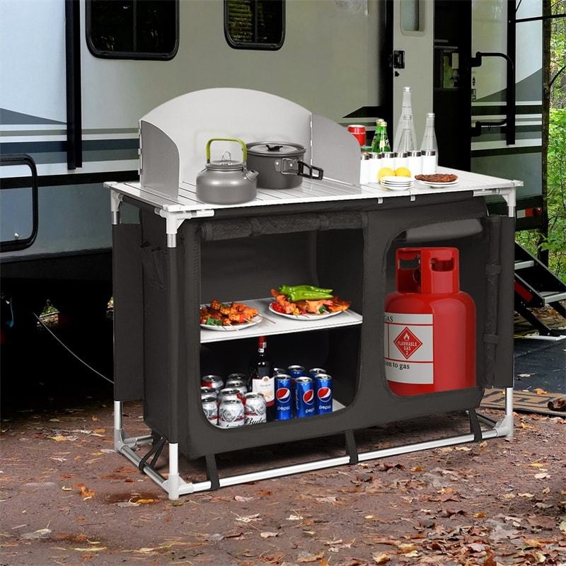 Camping Kitchen Table Portable Outdoor Cooking Table Grill Table for Picnic BBQ with Windscreen, Storage Organizer & Removable Sink