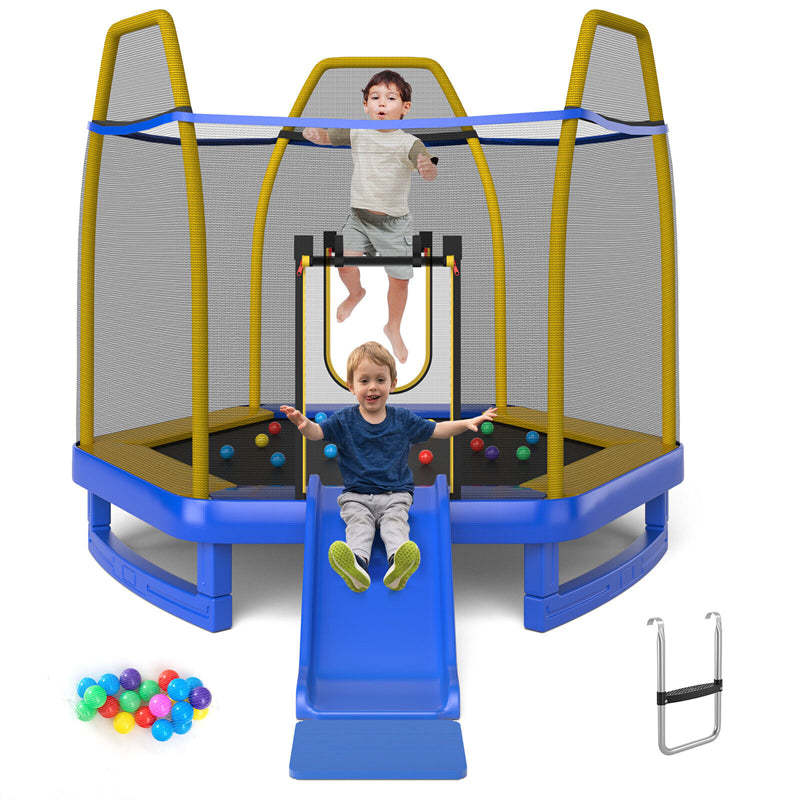 7FT Kids Trampoline, ASTM Approved Indoor Outdoor Recreational Trampoline with Safety Enclosure, Slide, Ladder & Ocean Balls for Toddlers