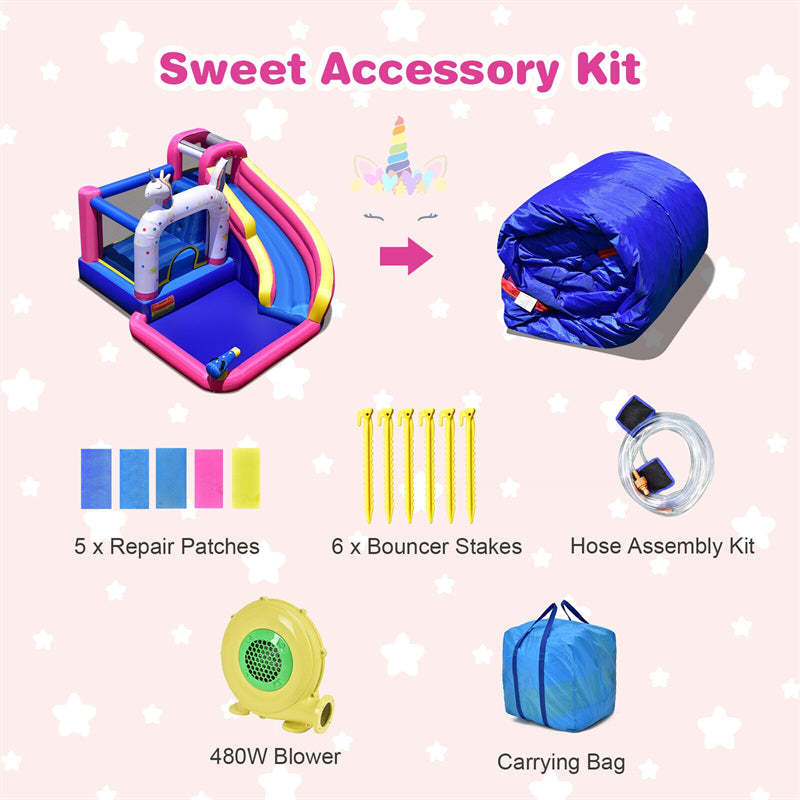 Unicorn Inflatable Water Slide Bounce House for Kids with 480W Blower