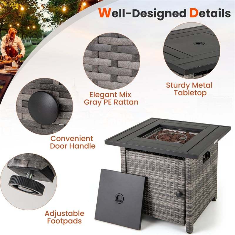 29" Wicker Rattan Propane Fire Pit Table 50,000 BTU Outdoor Square Fire Pit with Lava Rocks, Protective Cover, Heavy-Duty Metal Frame & Tabletop