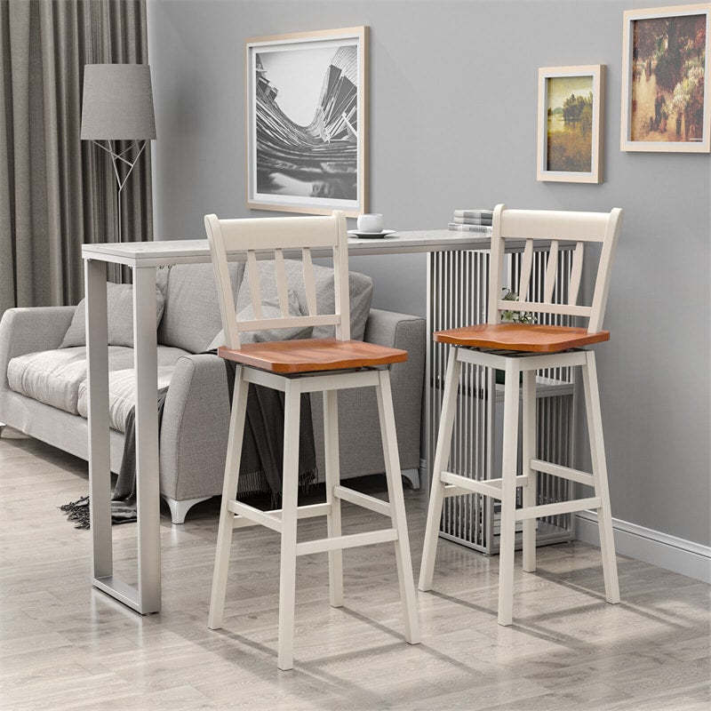 30.5" Swivel Bar Stools Set of 2 Solid Rubber Wood Bar Height Chairs with Footrests for Kitchen Dining Counters Pub