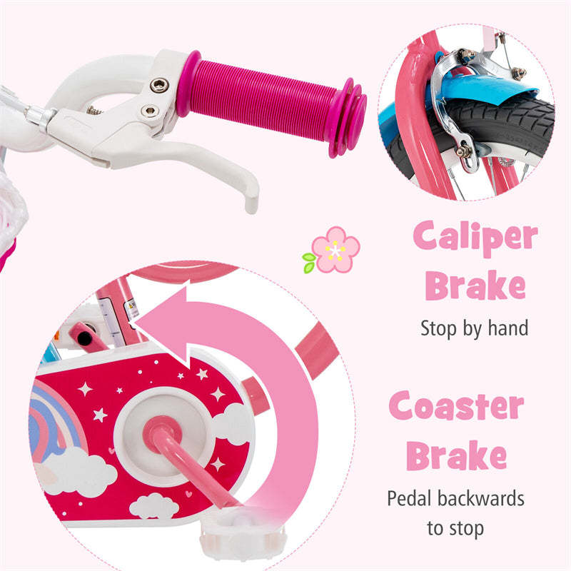 18 Inches Kids Bike, Steel Frame Girls Pink Bicycle with Removable Training Wheels & Adjustable Seat