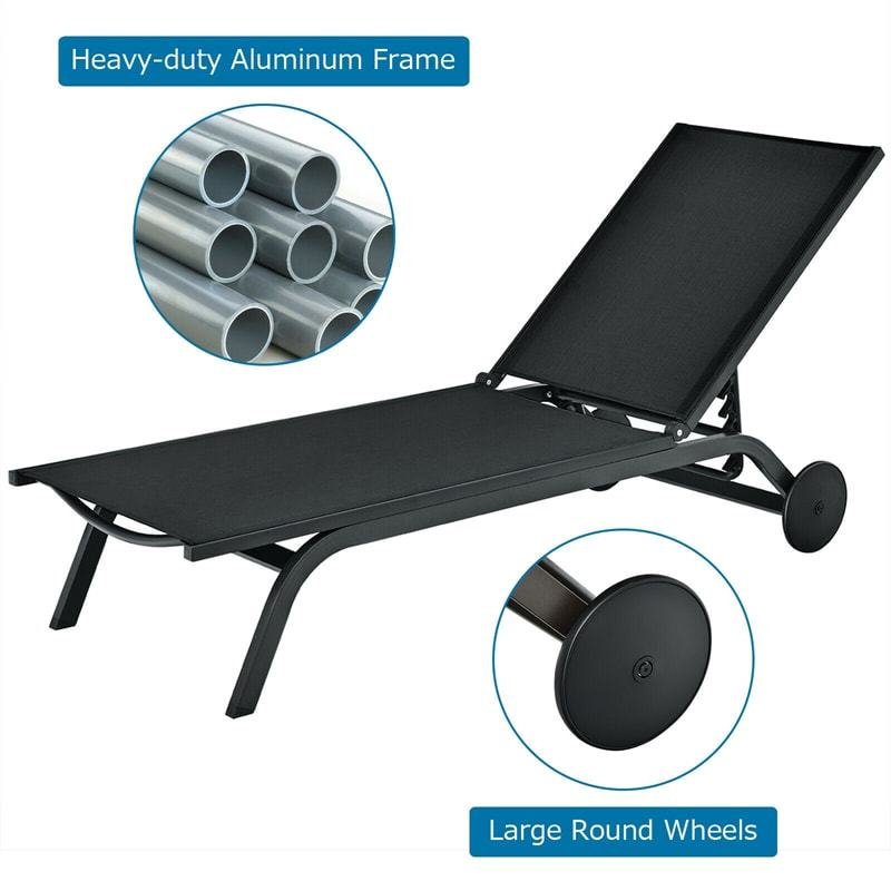 Outdoor Aluminum Chaise Lounge with 2 Large Wheels & 6-Position Adjustable Backrest, Patio Reclining Lounge Chair for Poolside, Backyard