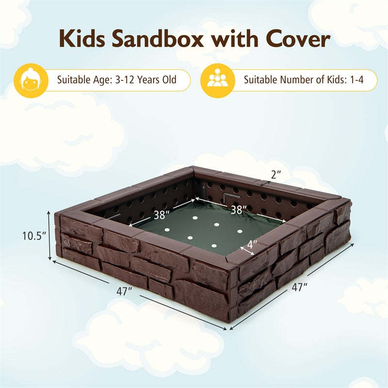 4FT Kids Sandbox, Weather Resistant HDPE Square Sand Pit with Oxford Cover & Bottom Liner for Outdoor Backyard, Lawn, Garden & Beach Play
