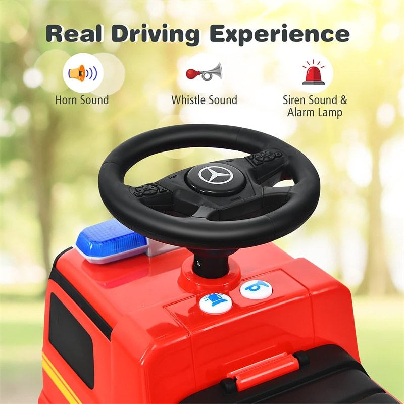 Kids Ride On Fire Truck Licensed Mercedes Benz Ride On Push Car with Under-Seat Storage & Steering Wheel, Foot-to-Floor Riding Toy for Boys Girls 1-3