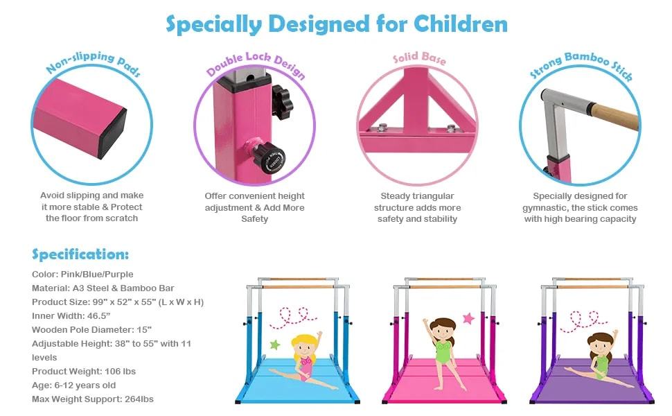 Kids Double Horizontal Bars Gymnastic Training Parallel Bars Adjustable Heights for Indoor Outdoor