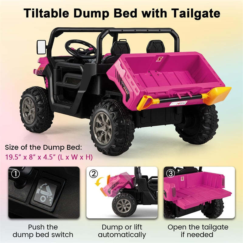 24V 2-Seater Ride-On Dump Truck, Kids Electric UTV with Dump Bed, Shovel, Remote Control & Dual Motors, Battery Powered Ride-On Car for Child