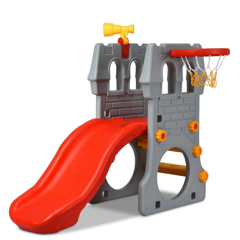 Toddler Indoor Slide 5-in-1 Kids Climber Slide Playset with Basketball Hoop Telescope Crawl Through Space & Climbing Stairs
