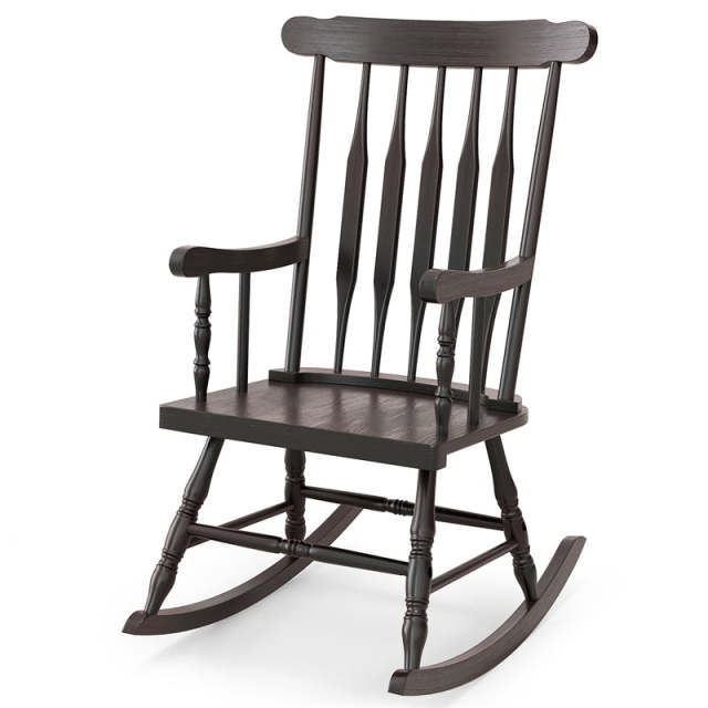 Solid Rubber Wood Patio Rocking Chair, Outdoor Porch Rocker with Slat Back & Glossy Finish for Garden, Backyard, Indoor Use