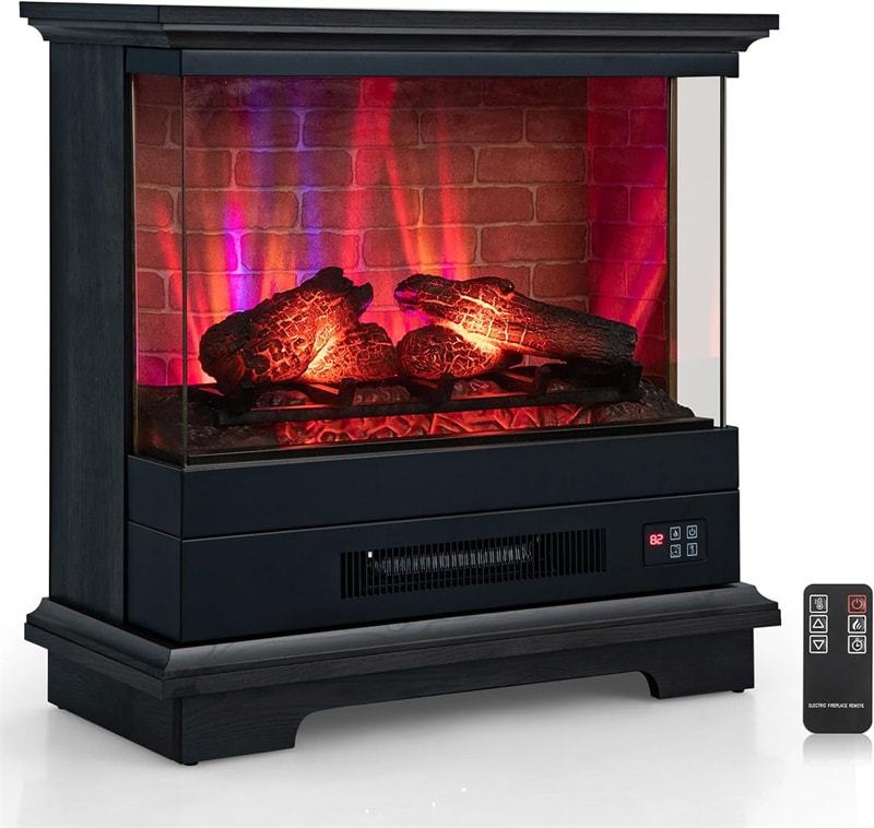 27" Electric Fireplace with Mantel, 1400W Freestanding Heater, 3-Sided Glass View, 7 Flame Colors, Remote Control, 6H Timer, Overheat Protection