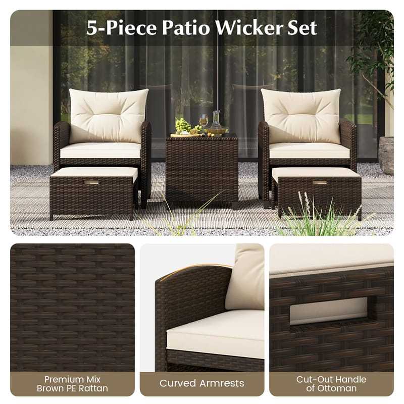 5-Piece Patio Rattan Furniture Set, Cushioned Wicker Chairs with 2 Ottomans & Glass Coffee Table, Outdoor Sectional for Porch Backyard Poolside