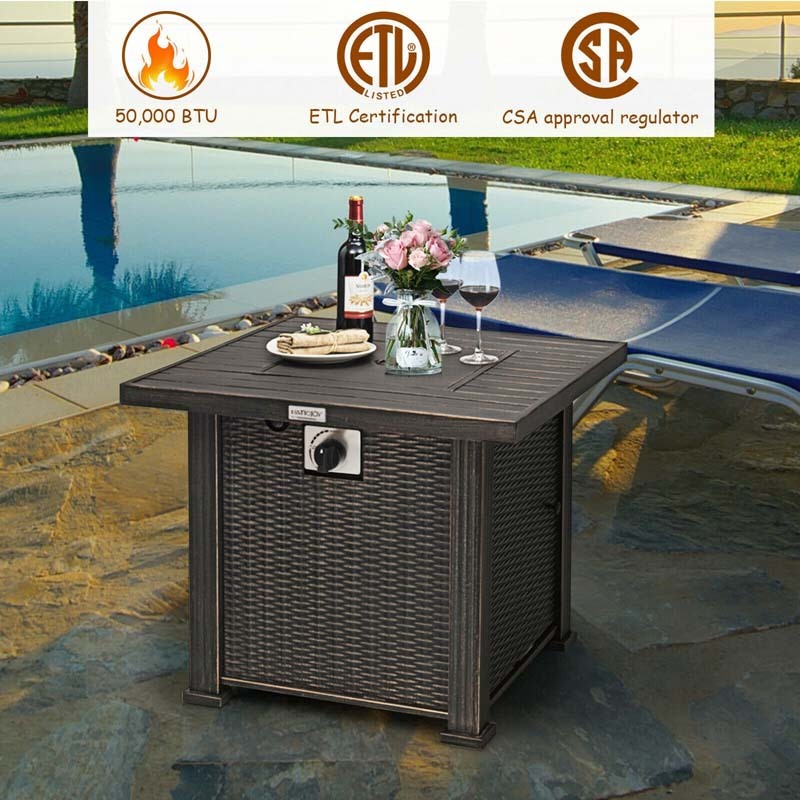 30" Square Steel Gas Fire Pit Table, 50,000 BTU Outdoor Propane Fire Pit with Lid, Lava Rocks & Waterproof Cover, CSA & ETL Certified