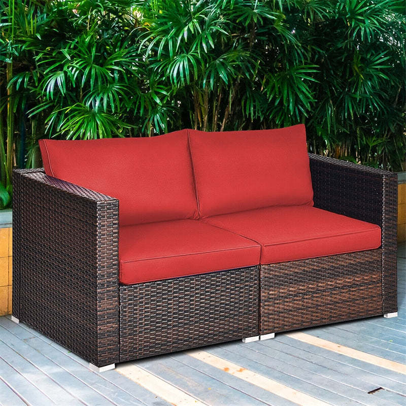 2 PCS Patio Rattan Corner Sofas Wicker Outdoor Loveseat with Cushions for Balcony Poolside Deck