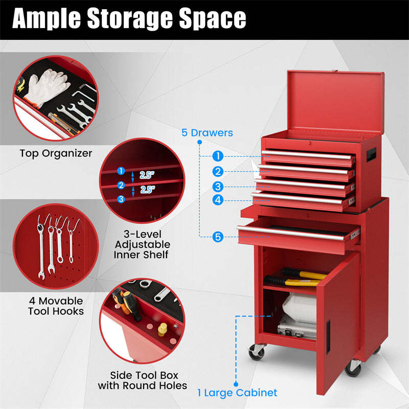 5-Drawer Rolling Tool Chest, Tool Storage Cabinet with Lockable Wheels, Detachable Top Tool Box & Adjustable Shelf for Garage, Workshop