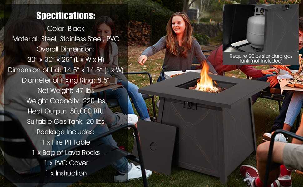 30" Square Propane Fire Pit Table 50,000 BTU Outdoor Gas Fire Pit Table with Waterproof PVC Cover, Lava Rocks, CSA Certification, Steel Frame