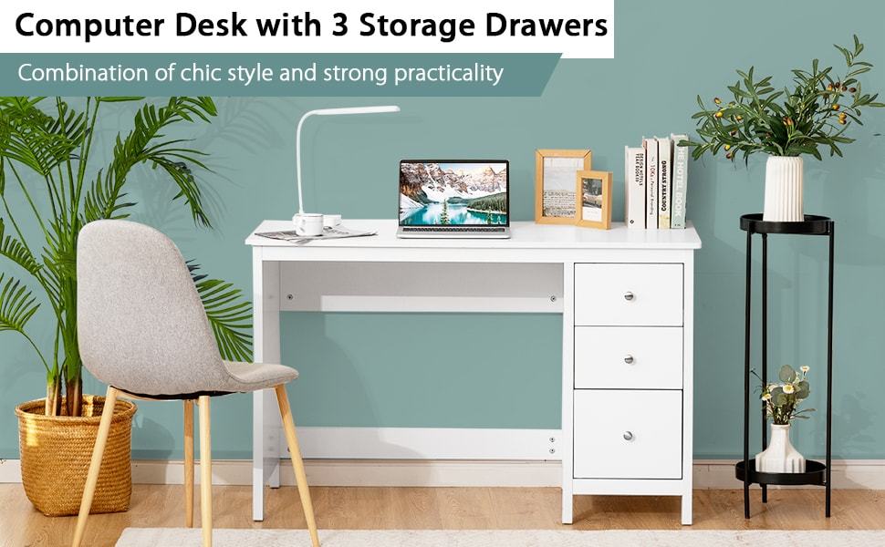 Modern Home Office Computer Desk Writing Study Desk with 3 Drawers & Large Desktop