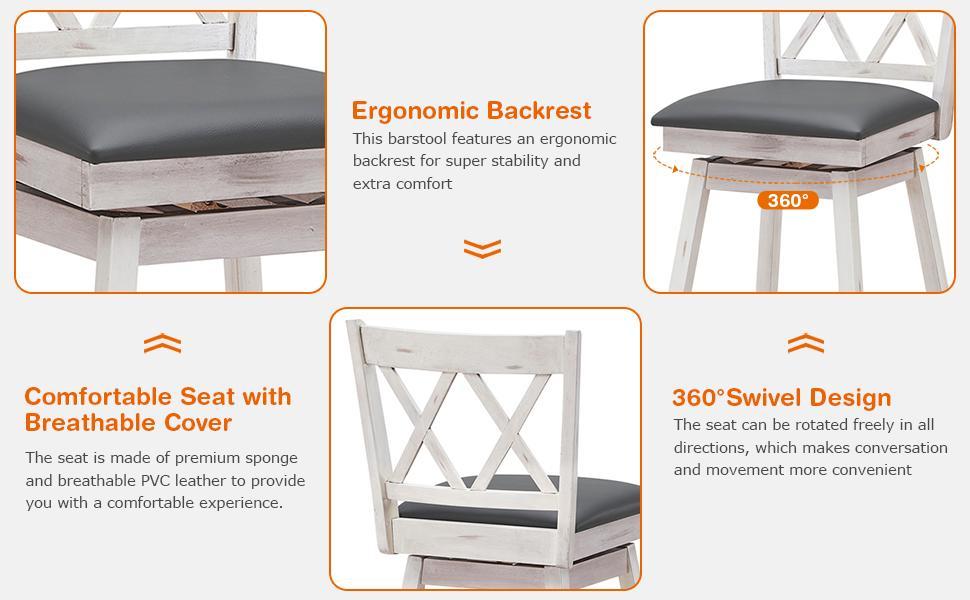 29 Inch Swivel Counter Height Bar Stool Set of 2 with Rubber Wood Legs