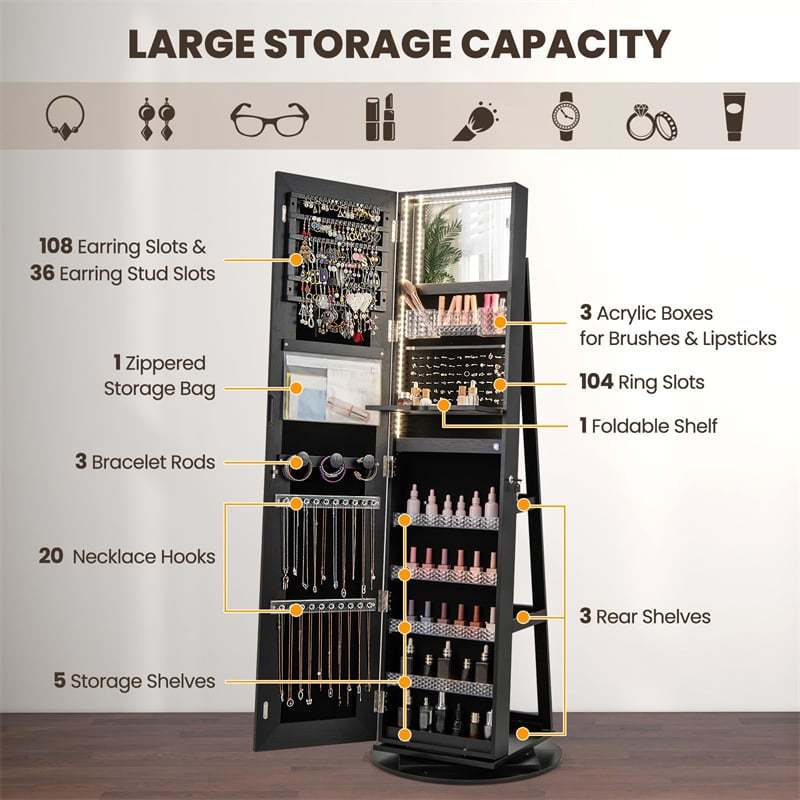 360° Swivel Jewelry Armoire with Full Length Mirror, Adjustable 3-Color LED Lights & Storage Rack, Lockable Standing Jewelry Cabinet Organizer