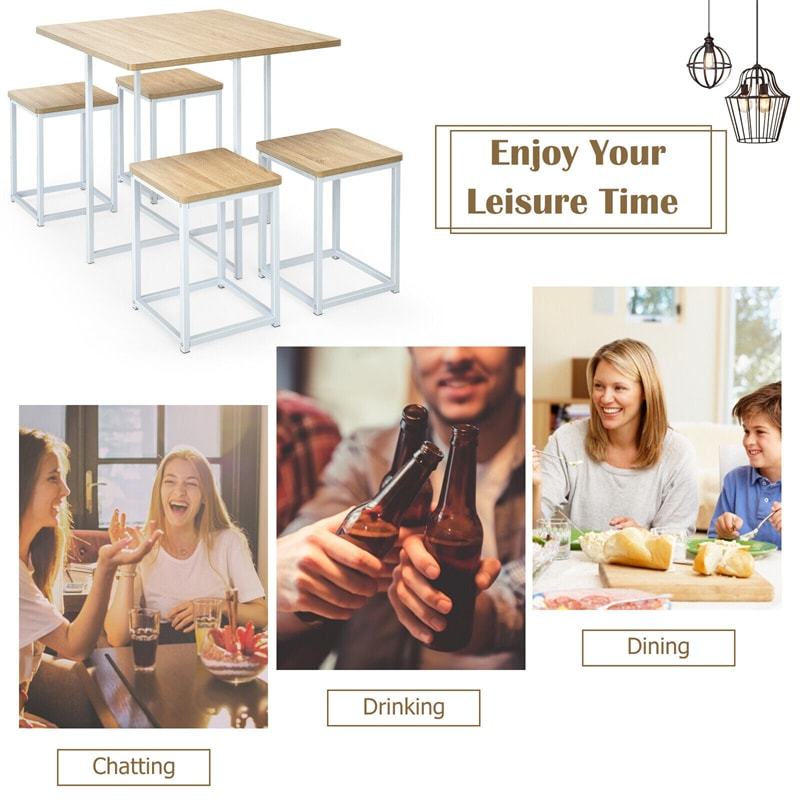 5pcs Compact Dining Table Set with 4 Square Stools & Metal Frame for Small Space Pub Apartment