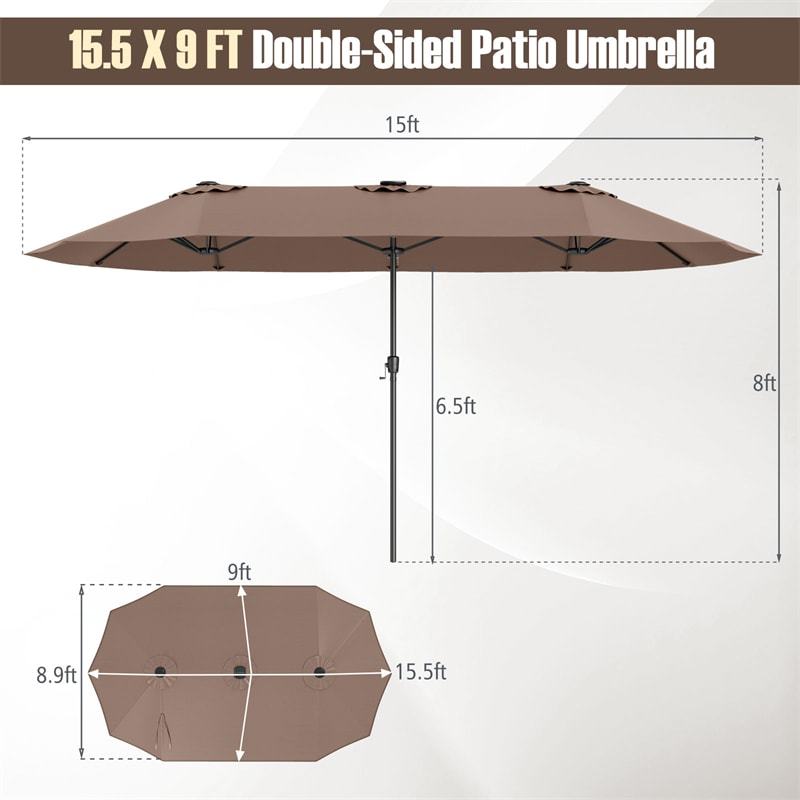 15.5FT Extra Large Patio Umbrella with 144 Solar LED Lights & Crank Handle, 12 Heavy-Duty Ribs Double-Sided Market Umbrella for Deck, Poolside