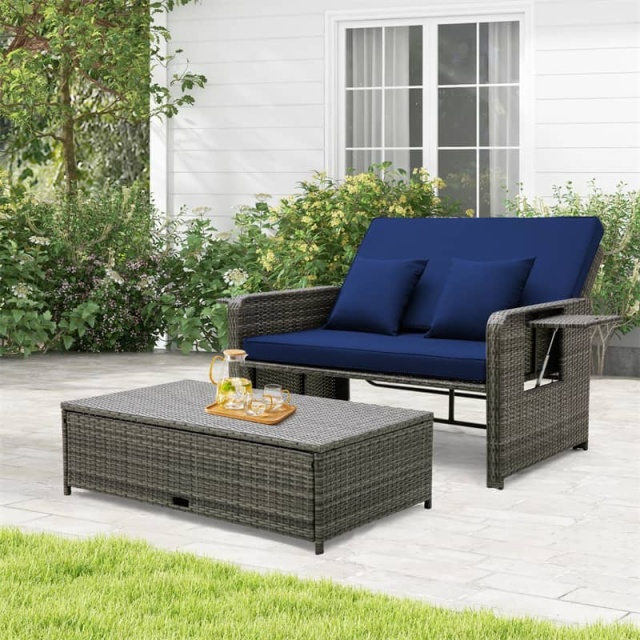 Patio Rattan Daybed Set Wicker Loveseat Sofa with Multipurpose Storage Ottoman, Seat & Back Cushions, Retractable Side Tray, Adjustable Backrest