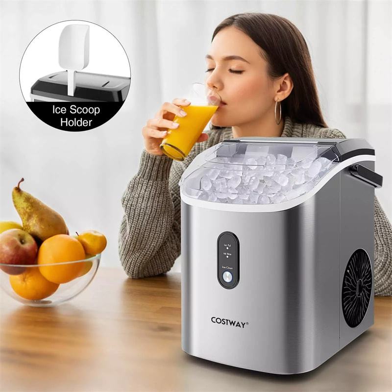 Countertop Nugget Ice Maker, 34lbs/24H Portable Ice Machine with Soft Chewable Pellet Ice, Ready in 6 Mins, Self-Cleaning, Ice Basket & Scoop