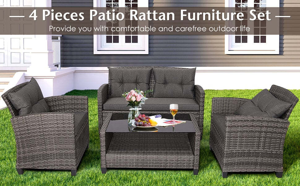 4 Piece Wicker Patio Conversation Set with Coffee Table & Cushioned Sofa