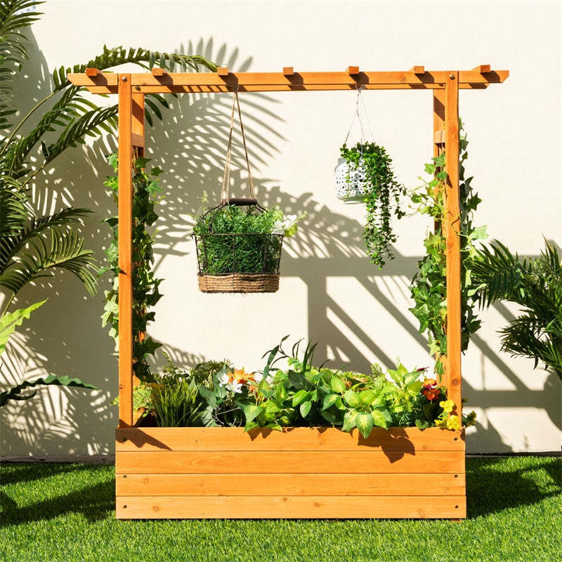 Raised Garden Bed with Arch Trellis, Hanging Roof, Outdoor Wood Planter Box w/ Side Trellis, Drainage Holes for Climbing Plants, Vines, Flowers