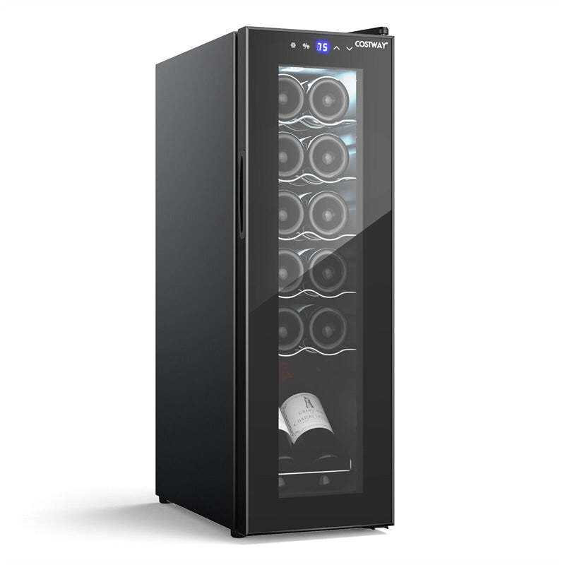12 Bottle Compressor Wine Cooler Refrigerator with 2-layer Glass Door, LED Lights, 10" Freestanding Built-in Mini Wine Fridge Wine Cellar for Home Bar