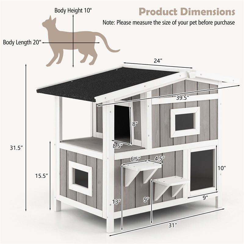 2-Story Outdoor Cat House Weatherproof Wooden Feral Cat Shelter Kitten Condo Cage with Escape Door, Balcony & 2 Jumping Platforms