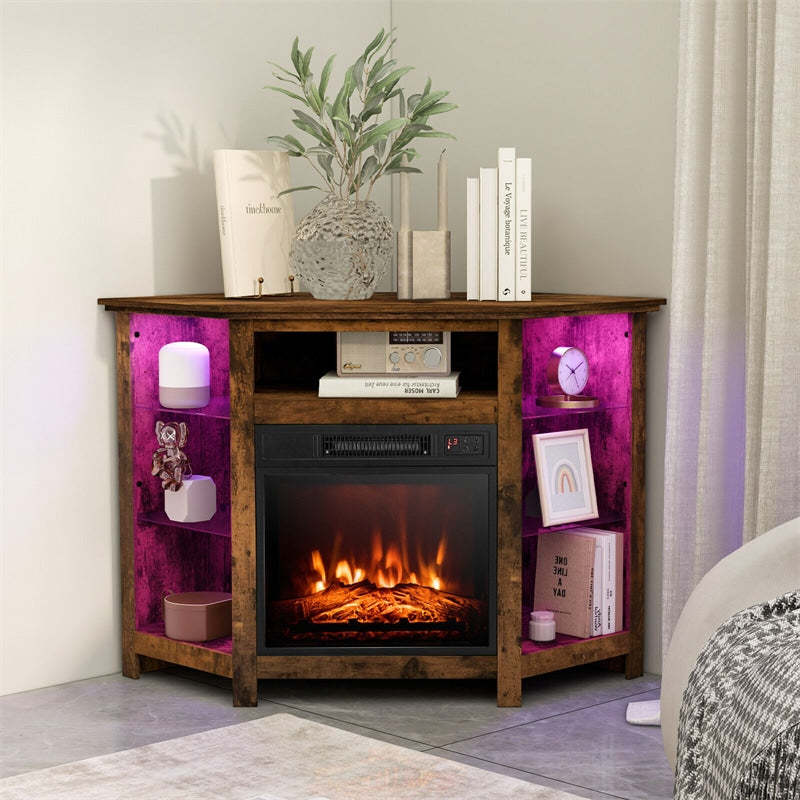 45" Corner Fireplace TV Stand for 50" TVs, Modern Fireplace Entertainment Center with 16-Color LED Lights, Smart APP Control, Adjustable Shelves