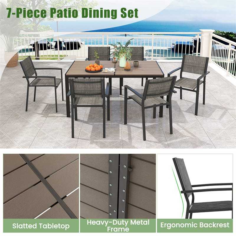 7 Piece Outdoor Dining Set Metal Frame Patio Furniture Set with 6 Stackable Chairs & Large Rectangle Table, Backyard Garden Dining Table Set for 6