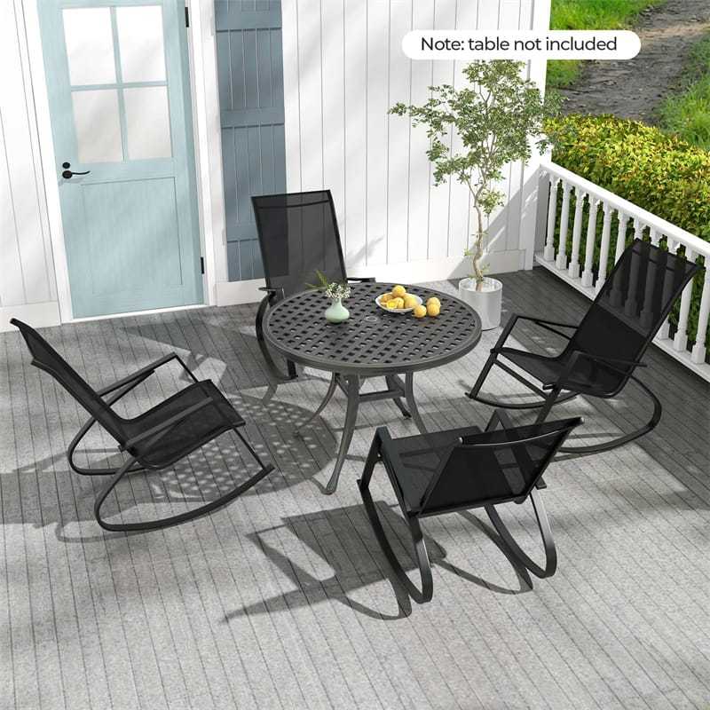 Outdoor Rocking Chairs Set of 4, Metal Frame Sling Fabric Patio Rockers with Ergonomic Backrest & Seat, Safe Stoppers for Backyard, Front Porch