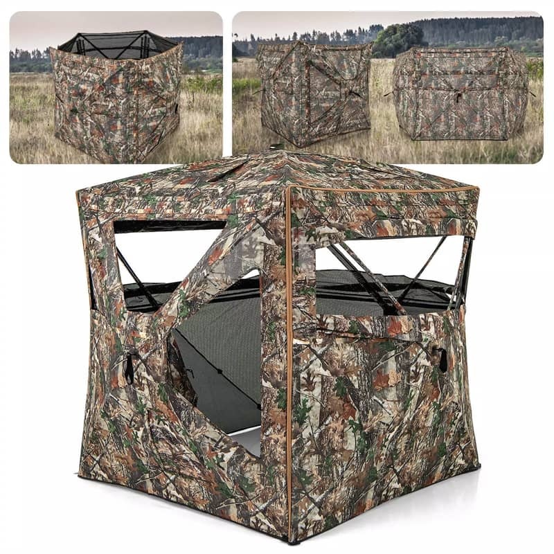 360° One-Way See-Through Hunting Blind 3-in-1 Multifunctional Camo Hunting Tent Stakeout Hunting Blind with Skylight, Roof Cover, Carrying Bag
