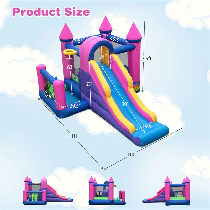 Inflatable Bounce House, 7-in-1 Princess Bouncy Castle with Long Slide, 735W Blower, Ball Pit & Ring Toss Game for Kids 3-10, Backyard Birthday Party